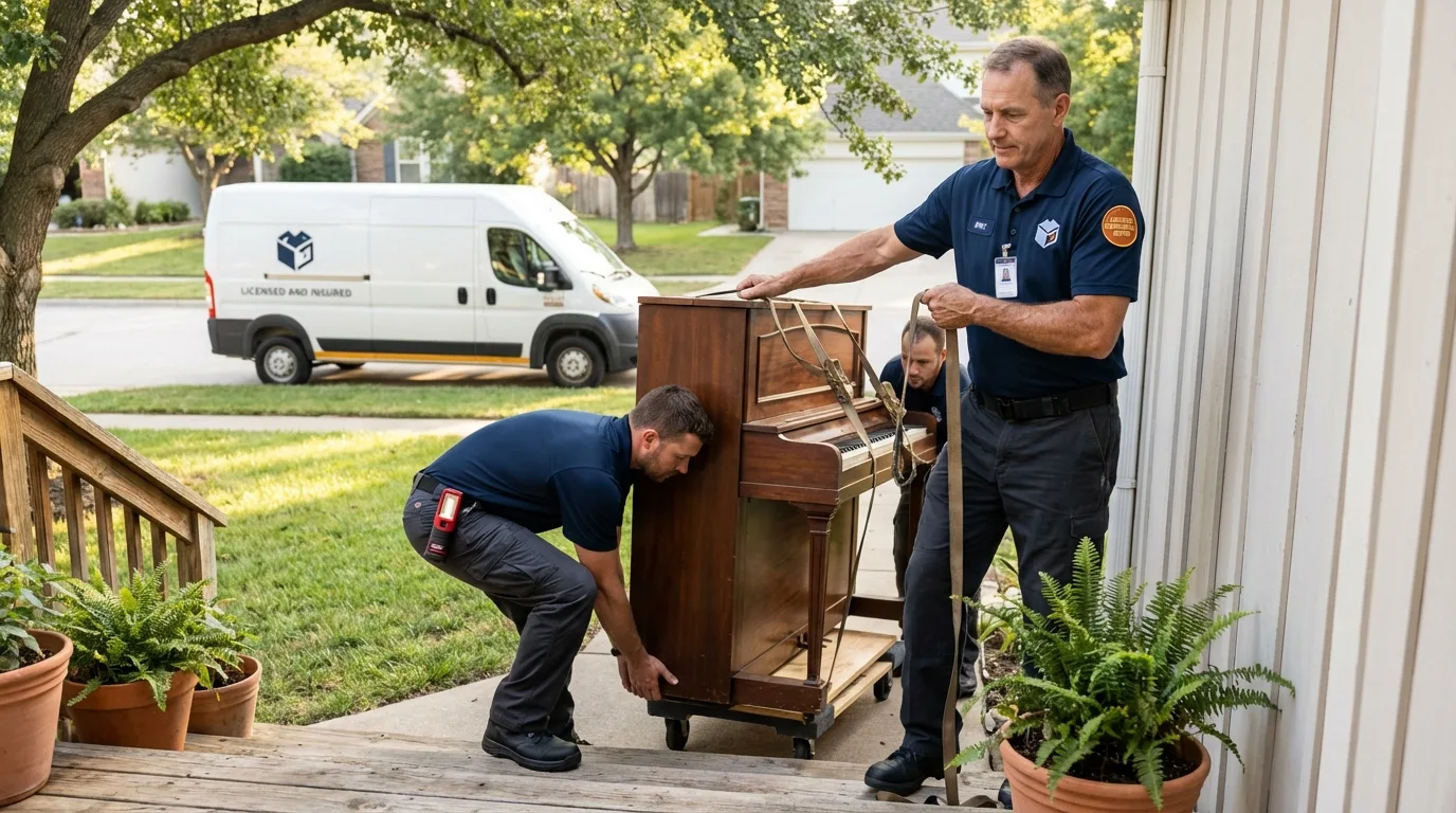 Licensed piano movers securing grand piano in Petoskey, MI
