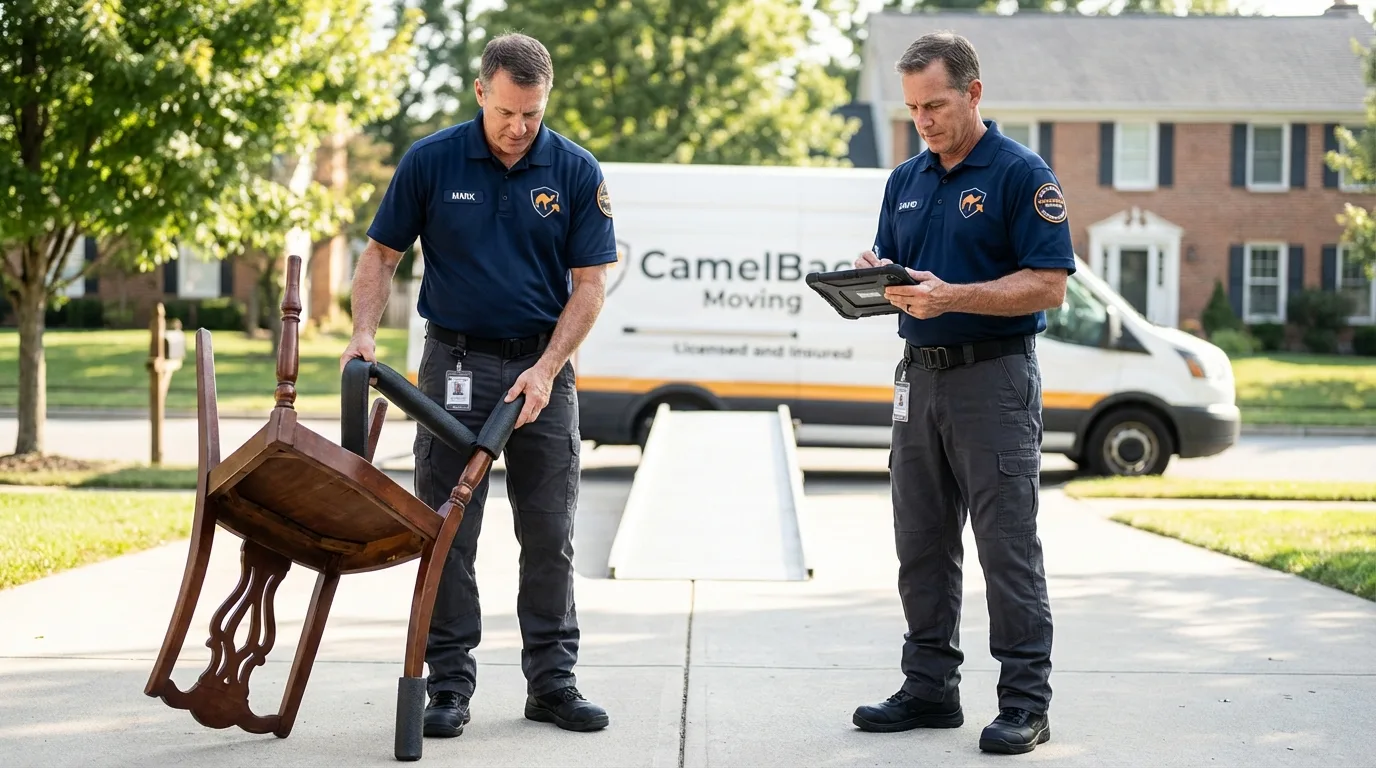 Movers inspecting furniture for damage prevention before loading in Petoskey, MI