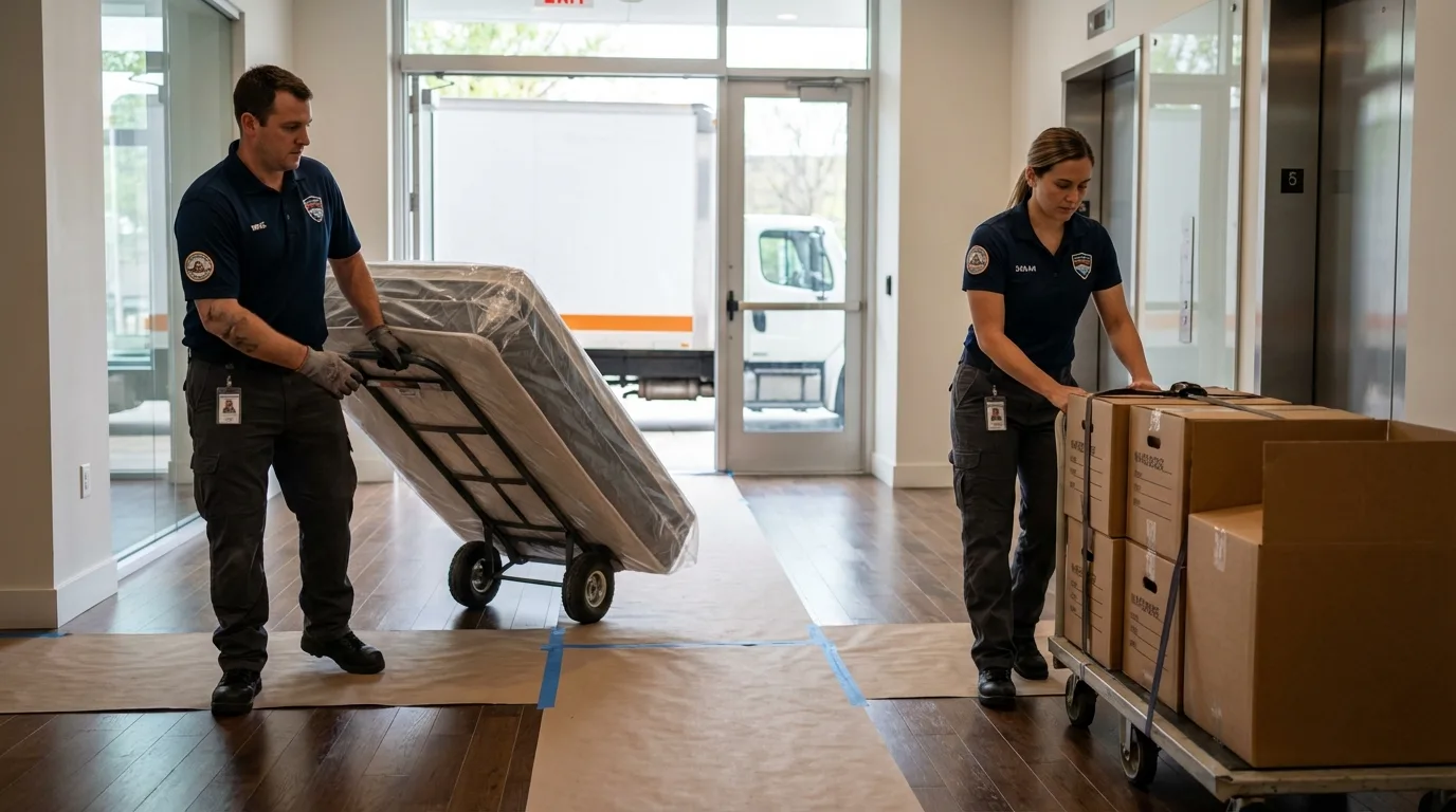 Professional apartment movers loading elevator in Petoskey, MI