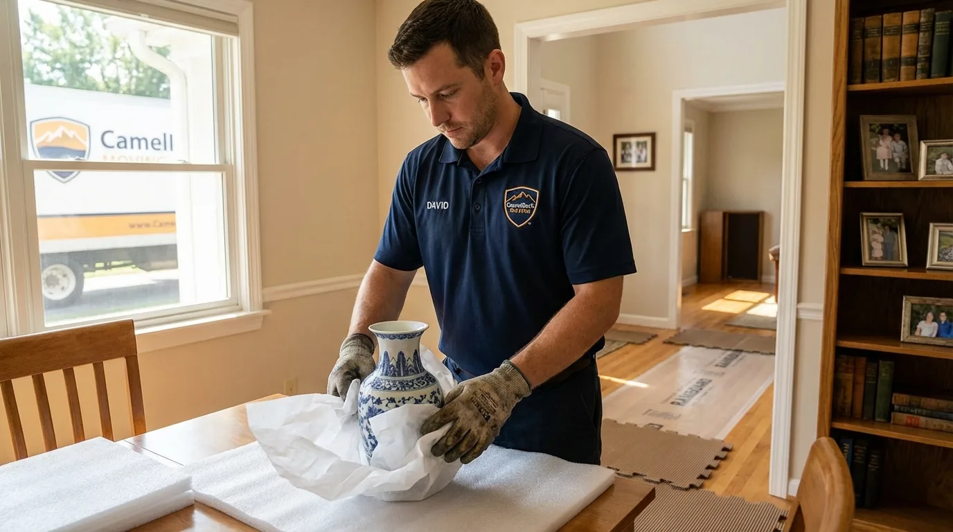Professional crew carefully wrapping antique vase for senior downsizing move in Petoskey, MI